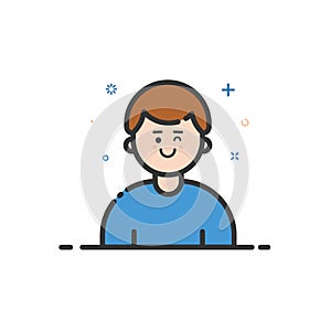 Vector illustration of color icon in flat line style. Linear blue cute and happy man.