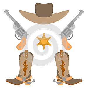 Vector illustration color icon set simplified leather cowboy boots and hat, sheriff star, revolvers. Wild west cowboy