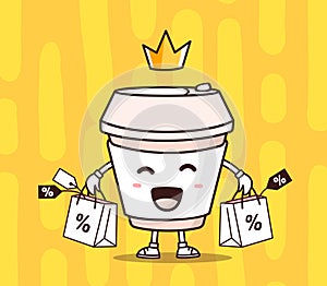 Vector illustration of color smile takeaway coffee cup with shop