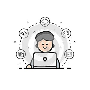 Vector illustration of colored icon in flat line style. Linear cute and happy man with laptop.