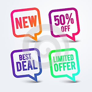 Vector illustration colorful best deal speech bubble, new sticker, 50 procent off icon, limited offer label.