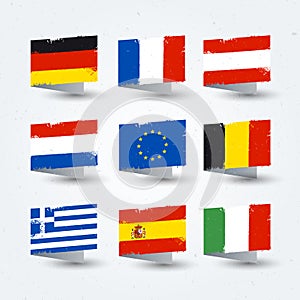 Vector Illustration colorful brush strokes painted world, european countries flags texture icons set.