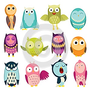 Vector illustration of colorful cartoon funny owls set on white background. Happy and joyful birds set in flat style