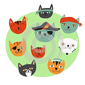 Vector illustration colorful cats pirates. Set of cute cat faces for kids decorations, books and activities Creative meow