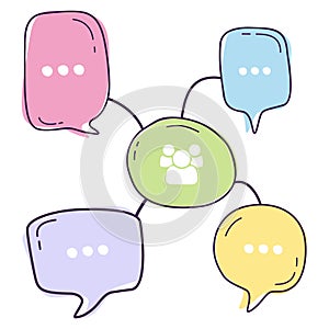 Vector illustration of colorful community dialog speech bubbles with icons let`s talk with line style