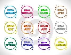 Vector illustration of colorful hello months text in a circle, icon for banner or poster design
