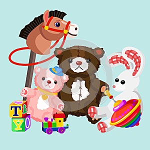 Vector illustration of colorful and lovely toys set. Toys for kids in flat cartoon design.