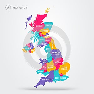 Vector Illustration Colorful Map Of UK United Kingdom With Regions And Names