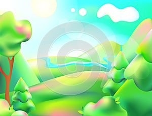 Vector illustration of colorful nature. Cartoon landscape of a sunny summer day. Children background depicts a forest, mountain, r