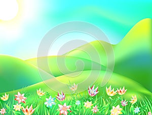 Vector illustration of colorful nature. Cartoon landscape of a sunny summer day. Children background depicts a forest, mountain, r photo