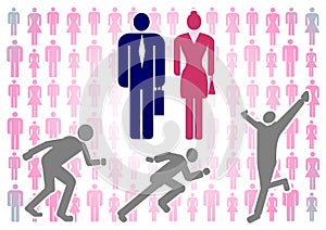 Vector illustration with colorful silhouettes of men and women on a white background, as well as the figure of a running man