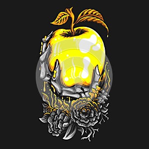 Vector Illustration Colorful Skeleton Hand Holding a Golden Apple Vintage