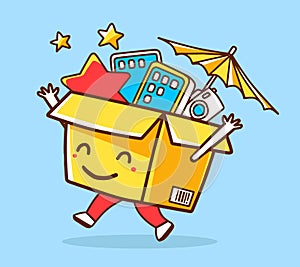 Vector illustration of colorful smile character shopping box wit