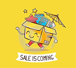 Vector illustration of colorful smile character shopping box wit