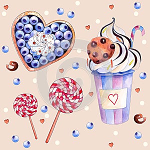 Vector illustration with colorful sweets: cake with blueberries and cream, hot chocolate with a chocolate cookies, red-white