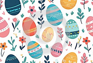 Vector illustration of colorfully painted Easter eggs and spring flowers. Easter decorations,