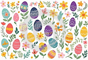 Vector illustration of colorfully painted Easter eggs and spring flowers. Easter decorations,
