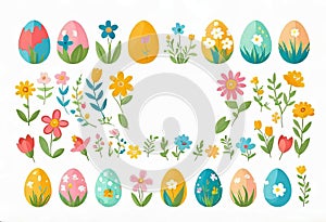 Vector illustration of colorfully painted Easter eggs and spring flowers. Easter decorations,
