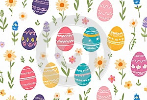 Vector illustration of colorfully painted Easter eggs and spring flowers. Easter decorations,