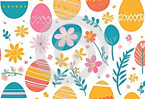 Vector illustration of colorfully painted Easter eggs and spring flowers. Easter decorations,