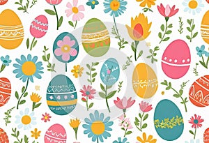 Vector illustration of colorfully painted Easter eggs and spring flowers. Easter decorations,