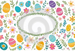 Vector illustration of colorfully painted Easter eggs and spring flowers. Easter decorations,