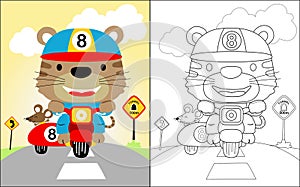 Vector illustration of coloring book with cat cartoon riding motorcycle