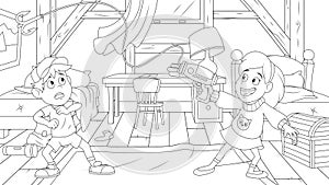 Vector illustration, coloring book children play in the room, hooligans