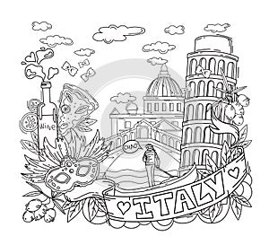 Vector illustration and coloring book. City attraction. Objects are isolated.