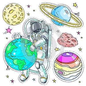Vector illustration comic style colorful icons, stickers astronaut hugging planet earth, planets and asteroids