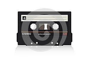 Vector illustration of compact cassette. Analog media with magnetic tape for listening music in a tape recorder