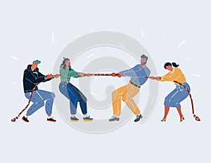 Vector illustration of competition two vs two. Man and woman play tug of war on white background.