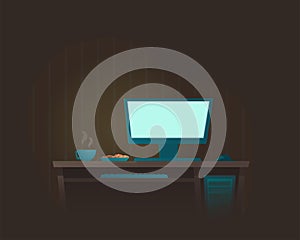 Vector illustration of computer and bright empty computer monitor at night at home workplace.