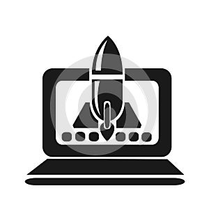 Vector illustration, computer icon and rocket launch. Business and startup.