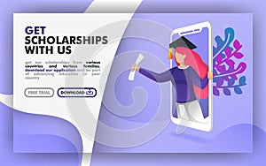 Vector illustration concept. blue website banner about scholarship programs. women with toga come out of the smartphone. suitable