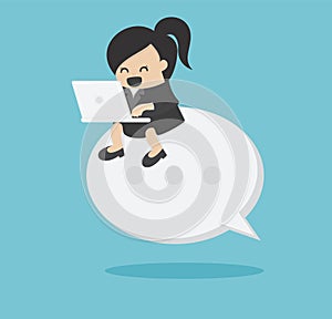 Vector illustration concept business woman working on tablet sitting text symbol indicating negotiations