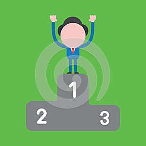 Vector illustration concept of businessman character on first place of winners podium on green background