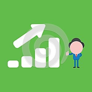 Vector illustration concept of businessman character giving thumbs up with sales bar graph moving up on green background