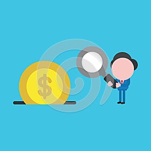 Vector illustration concept of businessman character holding magnifying glass with dollar money coin inside moneybox hole