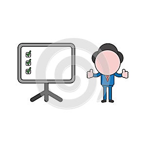 Vector illustration of businessman character with presentation chart and check marks and giving thumbs-up. Color and black