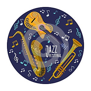 Vector illustration concept of circle abstract musical background design with saxofone, trumpet, guitar and notes.