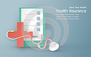 Vector illustration in concept of health insurance. Template design is on pastel blue background for cover, web banner, poster,