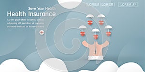 Vector illustration in concept of health insurance. Template design is on pastel blue background for cover, web banner, poster,