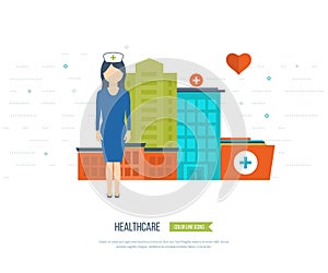 Vector illustration concept for healthcare, medical help and research.