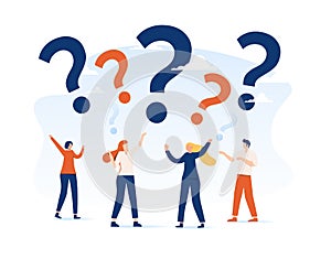 Vector illustration, concept illustration of people frequently asked questions around question marks, answer to question metaphor