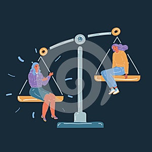 Vector illustration of Concept of importance of person. Two women sit at scale on dark background. Job, envious