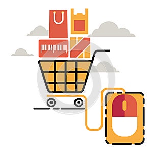 Vector illustration concept for on line store. trolley with mouse to buy product