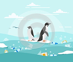 Vector illustration concept of ocean pollution with plastic waste. Penguins on the small piece of ice and lot of waste