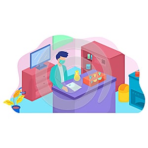 vector illustration concept of scientis working at science laboratorium with tube and microscope, vector template background photo