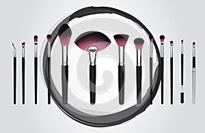 Vector illustration concept of a set of makeup cosmetic brushes with Grundge pink brush stroke circle on background.